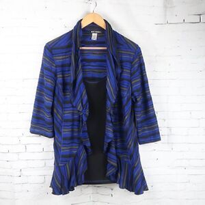 SOFT WORKS BLUE & BLACK STRIPE 3/4 SLEEVE RUFFLE FRONT WITH BUILT IN TOP SIZE L